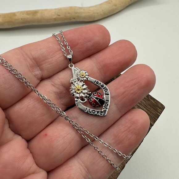I Love You Forever Ladybug Sunflower Sterling Silver Necklace - Picture 1 of 5